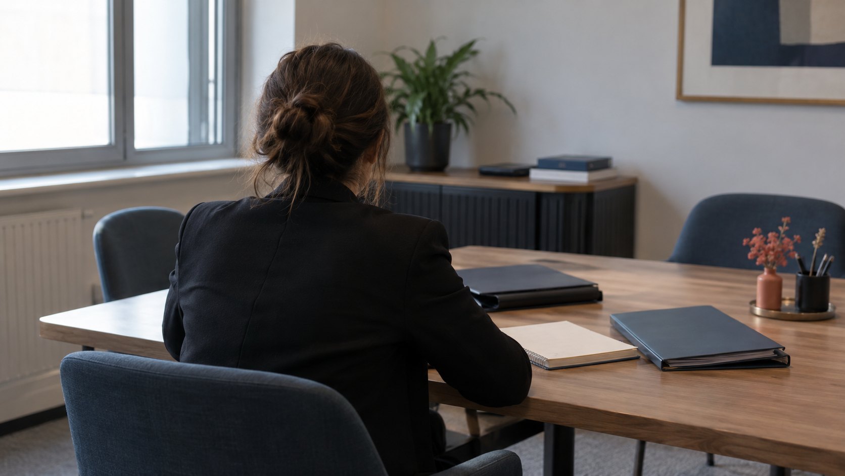 Personne assise de dos face à un bureau avec dossiers et cahier fermés