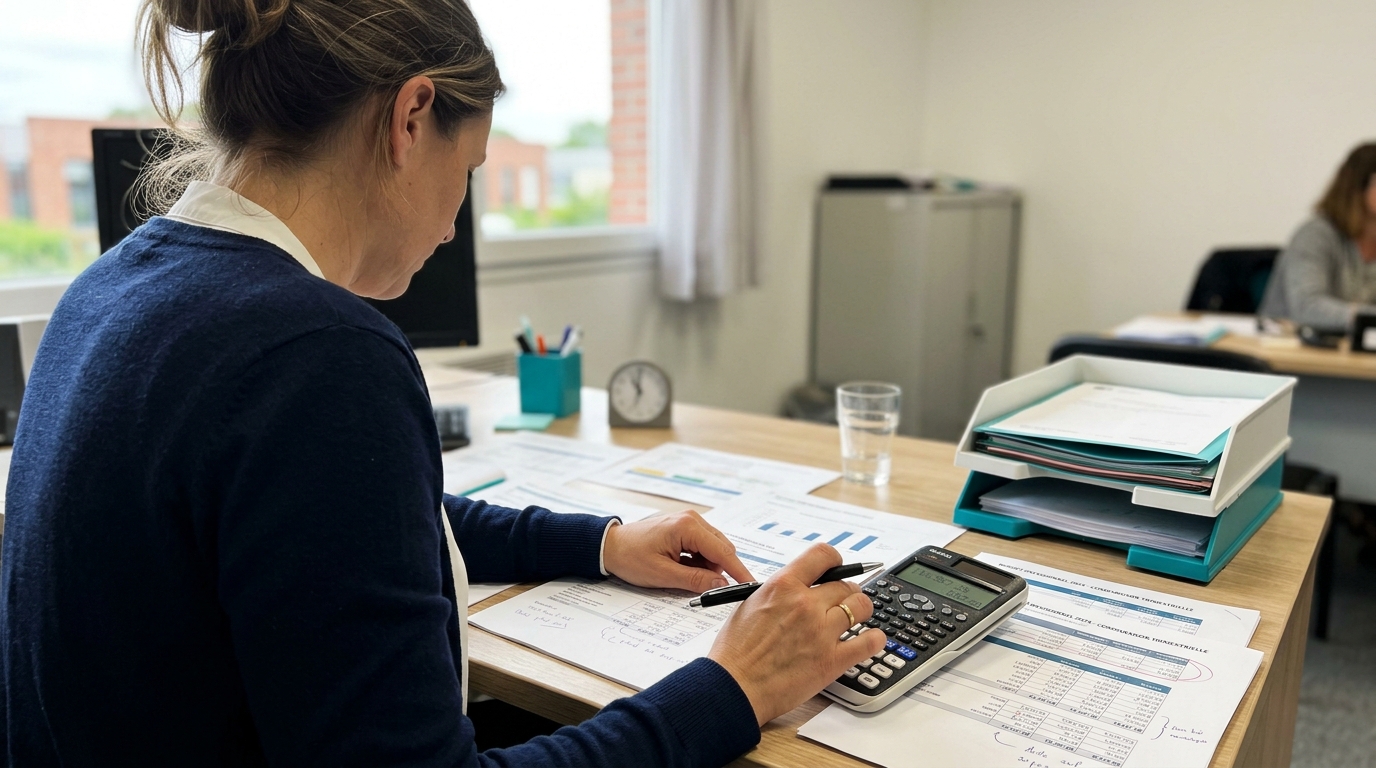 Femme penchée sur un bureau examinant des feuilles de données et une calculatrice.