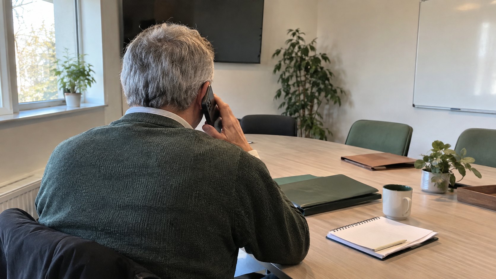 Personne aux cheveux gris assise avec téléphone noir, dossiers et bloc-notes vierge sur bureau.