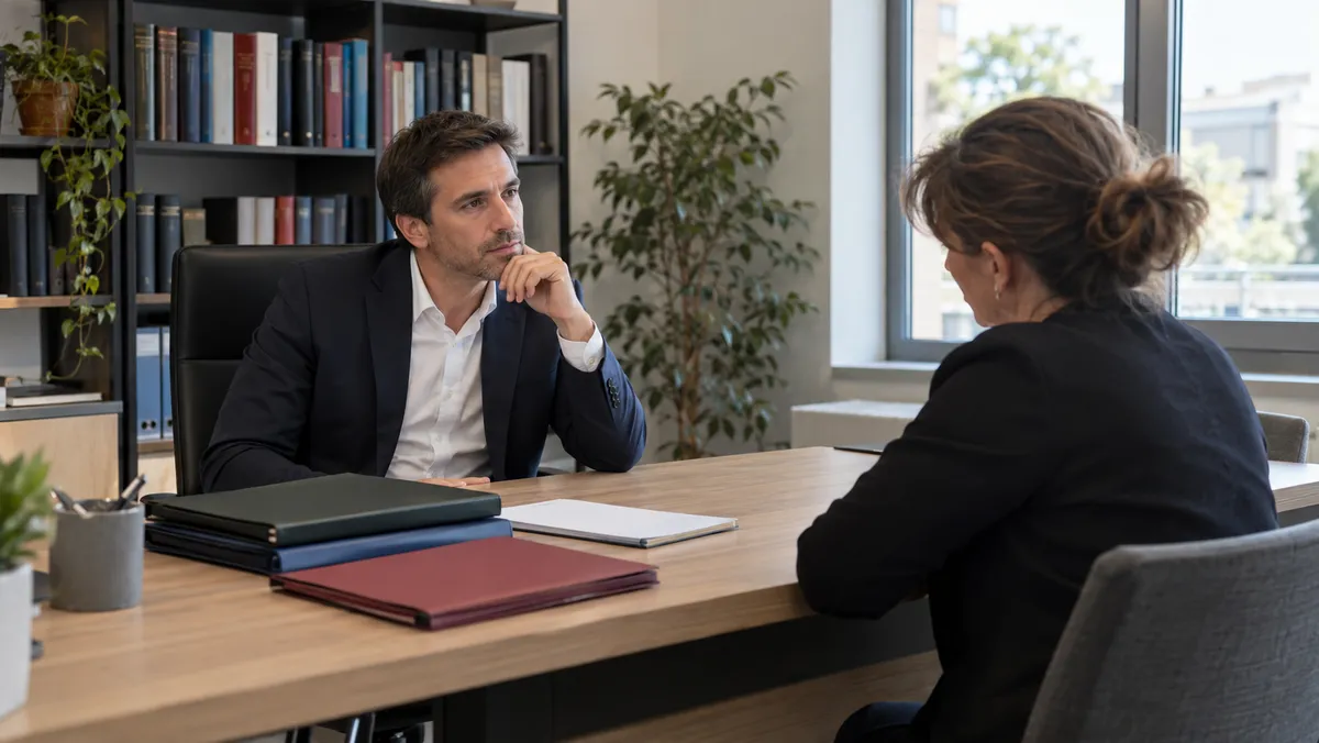 Rendez-vous dans le cabinet d'un avocat en droit du travail : l'avocat, costume sobre, écoute une dirigeante de PME de l'autre côté d'un bureau moderne, dossiers fermés e