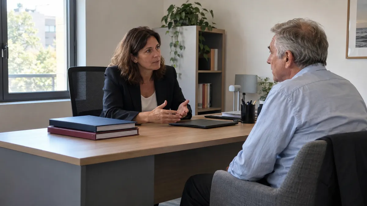 Rendez-vous chez une avocate en droit du travail dans son cabinet moderne : elle explique un dossier à un salarié proche de la retraite assis en face d'elle, dossiers fer