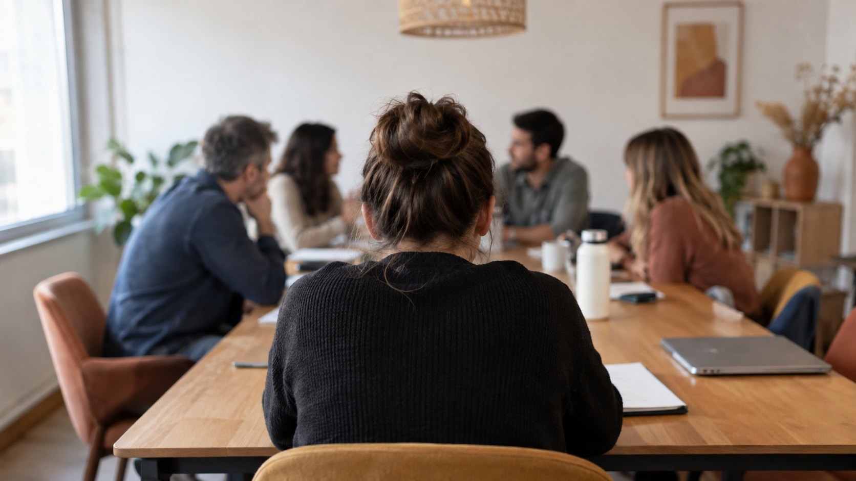 Personne de dos isolée à une table de réunion tandis que d'autres conversent en arrière-plan.