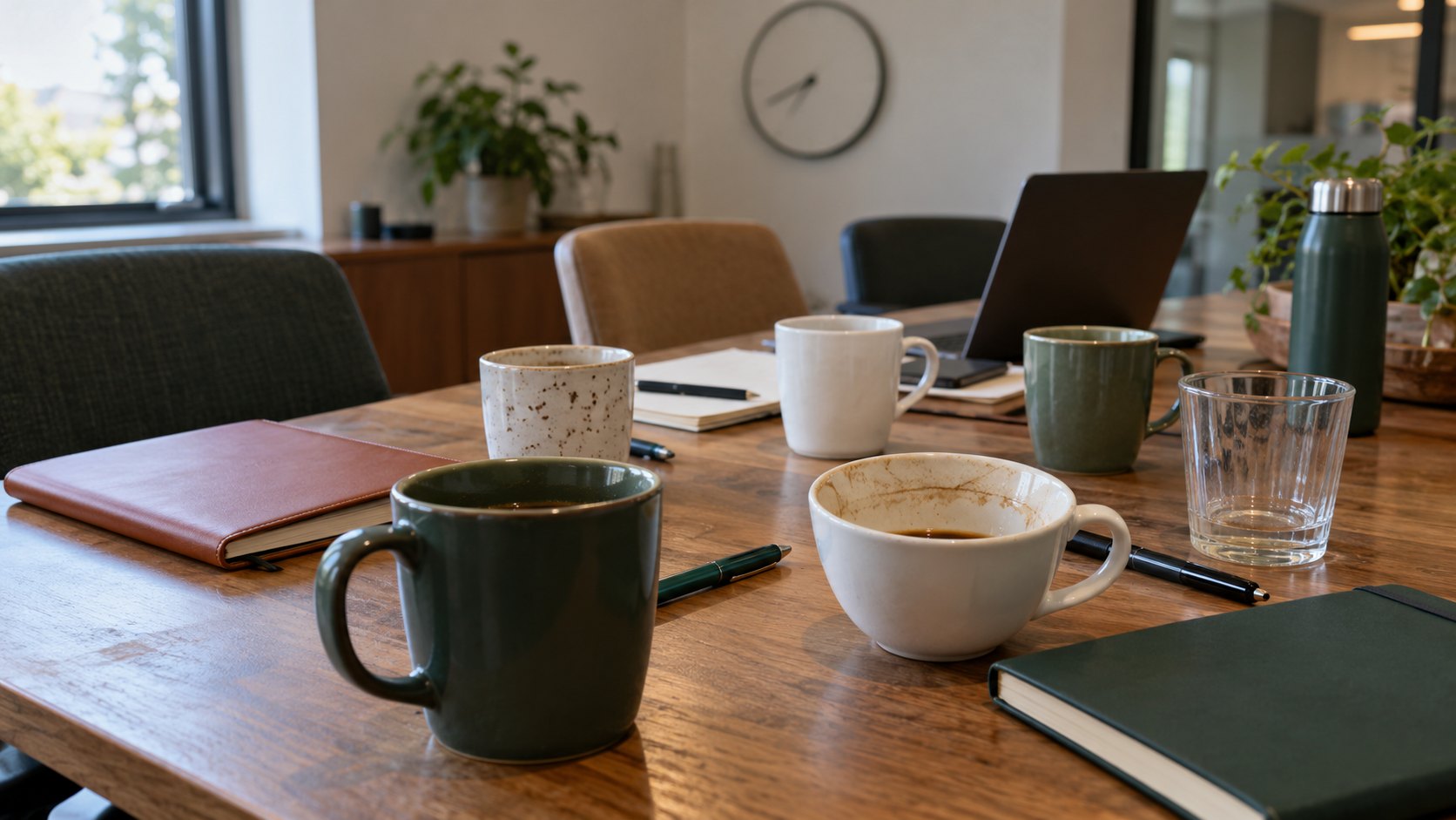 Bureau montrant tasses de café, agenda papier et stylos éparpillés, horloge murale floue.