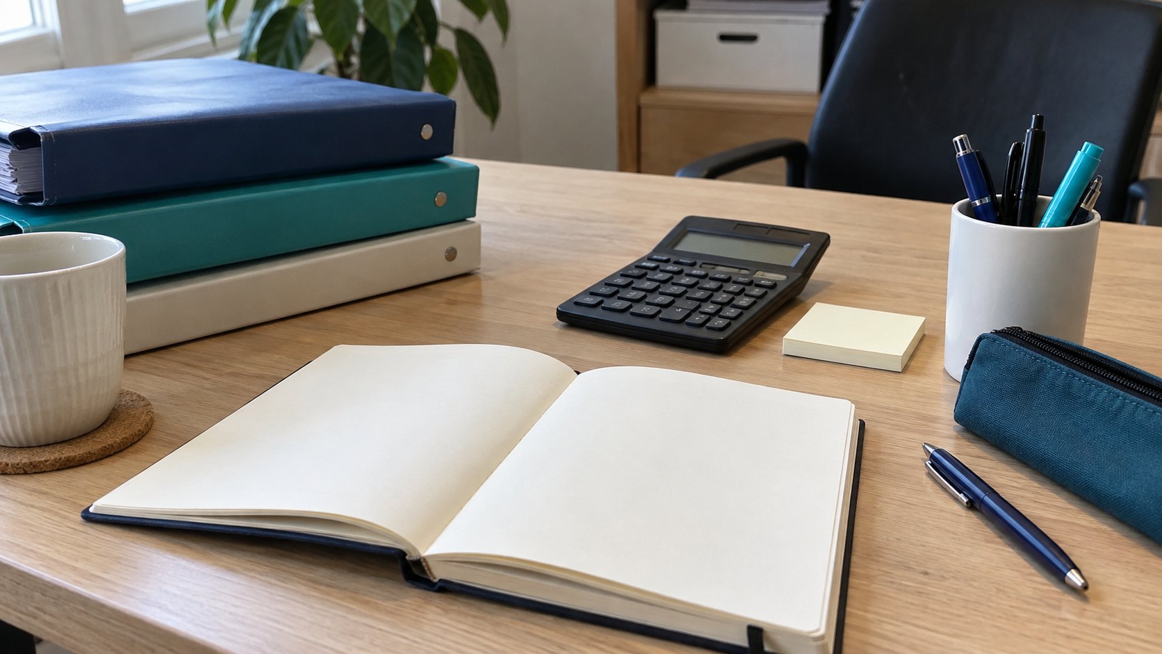 Poste de travail avec dossiers fermés, calculatrice et carnet sur bureau en bois.
