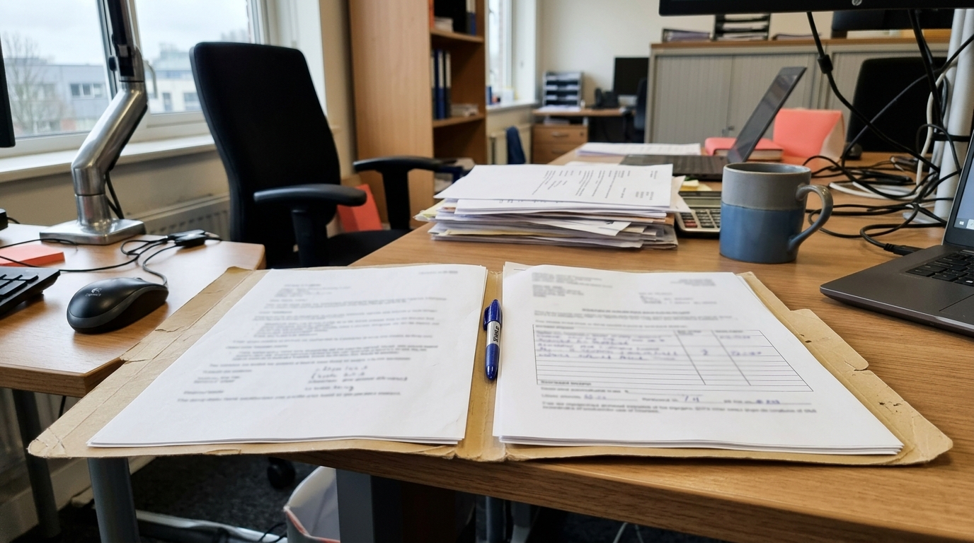 Dossier de documents ouvert sur un bureau avec pages légèrement floues, éclairage naturel.