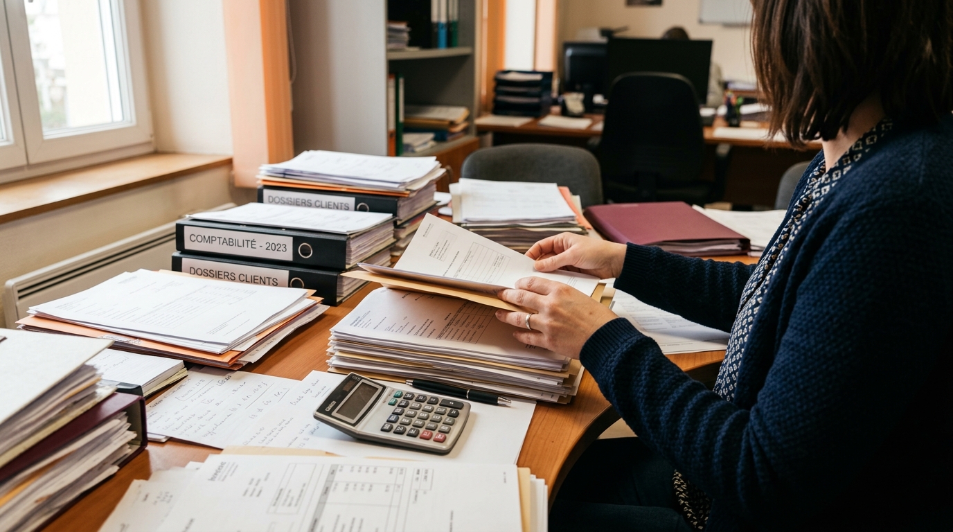 Mains organisant des documents et dossiers sur un bureau avec calculatrice visible
