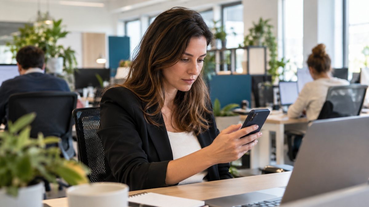 Femme assise à son bureau dans un open space, tenant un téléphone à la main.