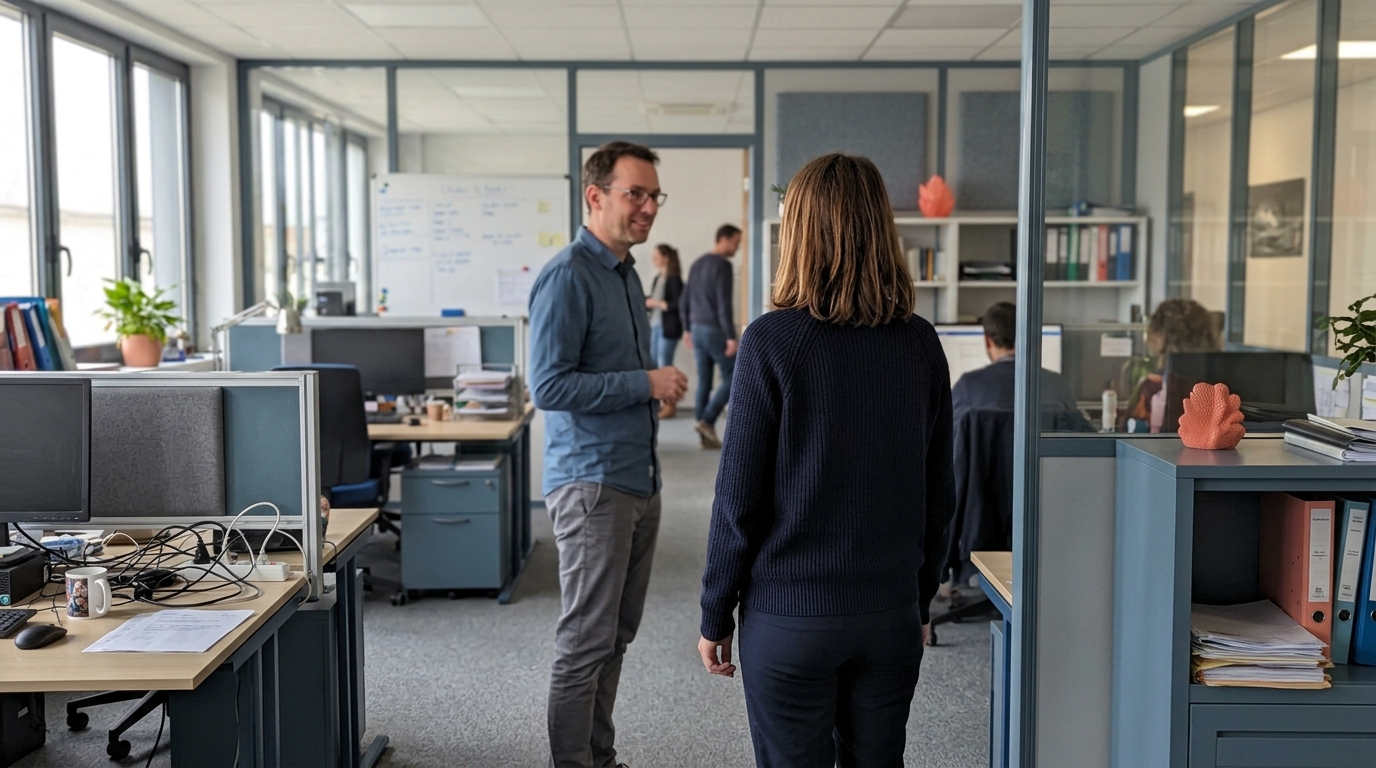 Deux personnes debout en conversation discrète dans un espace de travail