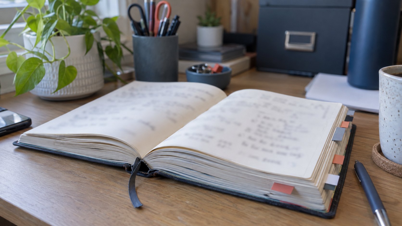 Carnet de suivi ouvert sur bureau avec pages annotées et marques de pages