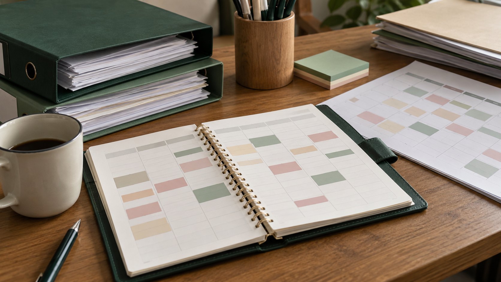 Gros plan sur agenda papier, calendrier et dossiers organisés sur une table.